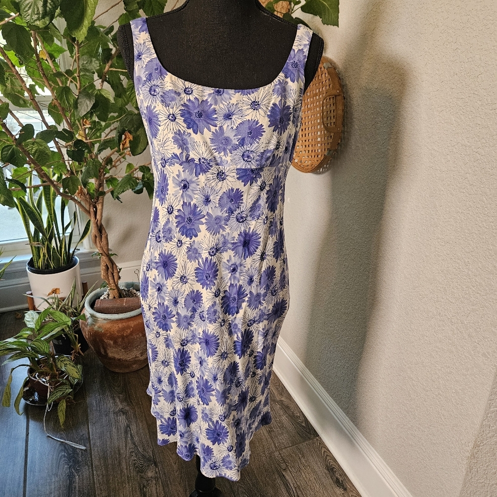 Vintage Y2K Ann Taylor Loft Blue Daisy Sleeveless Sun Dress Size 4 Cottagecore